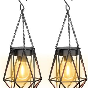 KOOPER 2 Pack Hanging Solar Lanterns Outdoor Waterproof, Metal Solar Powered Lantern Lights, Bright Diamond Shape Lantern with Hook, Outdoor Decorative Lanterns for Patio Porch Garden Yard Decor Gift