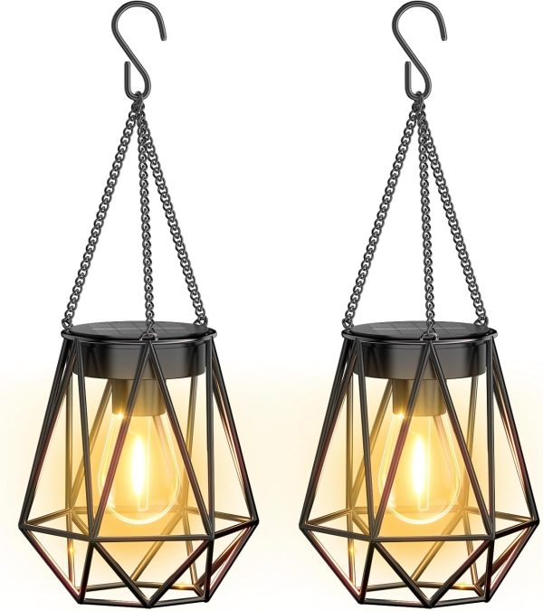 KOOPER 2 Pack Hanging Solar Lanterns Outdoor Waterproof, Metal Solar Powered Lantern Lights, Bright Diamond Shape Lantern with Hook, Outdoor Decorative Lanterns for Patio Porch Garden Yard Decor Gift