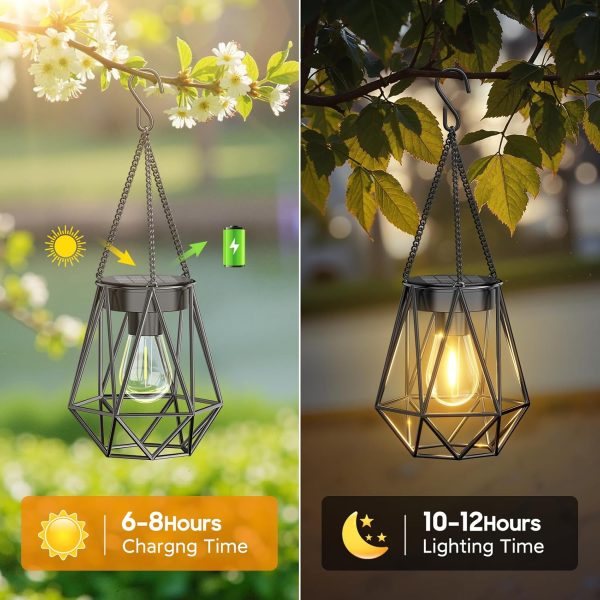 KOOPER 2 Pack Hanging Solar Lanterns Outdoor Waterproof, Metal Solar Powered Lantern Lights, Bright Diamond Shape Lantern with Hook, Outdoor Decorative Lanterns for Patio Porch Garden Yard Decor Gift - Image 2