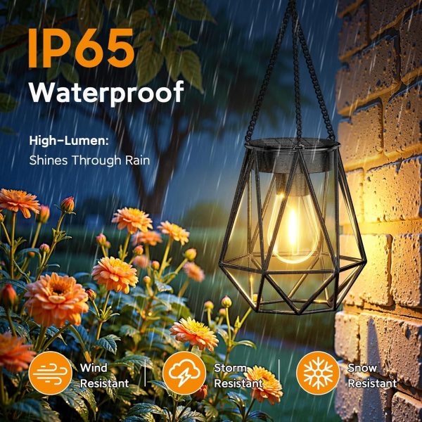KOOPER 2 Pack Hanging Solar Lanterns Outdoor Waterproof, Metal Solar Powered Lantern Lights, Bright Diamond Shape Lantern with Hook, Outdoor Decorative Lanterns for Patio Porch Garden Yard Decor Gift - Image 3