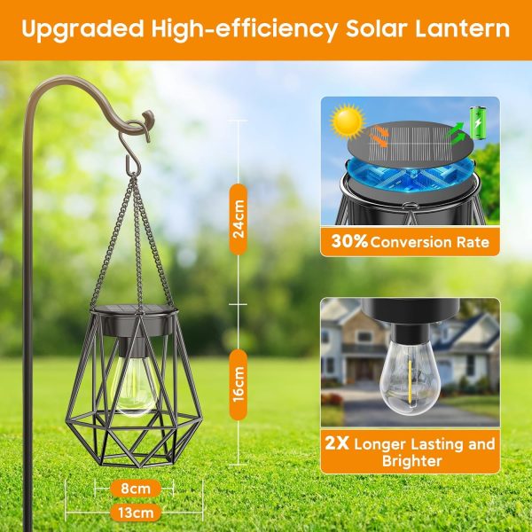 KOOPER 2 Pack Hanging Solar Lanterns Outdoor Waterproof, Metal Solar Powered Lantern Lights, Bright Diamond Shape Lantern with Hook, Outdoor Decorative Lanterns for Patio Porch Garden Yard Decor Gift - Image 4