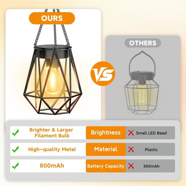 KOOPER 2 Pack Hanging Solar Lanterns Outdoor Waterproof, Metal Solar Powered Lantern Lights, Bright Diamond Shape Lantern with Hook, Outdoor Decorative Lanterns for Patio Porch Garden Yard Decor Gift - Image 5