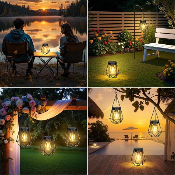 KOOPER 2 Pack Hanging Solar Lanterns Outdoor Waterproof, Metal Solar Powered Lantern Lights, Bright Diamond Shape Lantern with Hook, Outdoor Decorative Lanterns for Patio Porch Garden Yard Decor Gift - Image 7